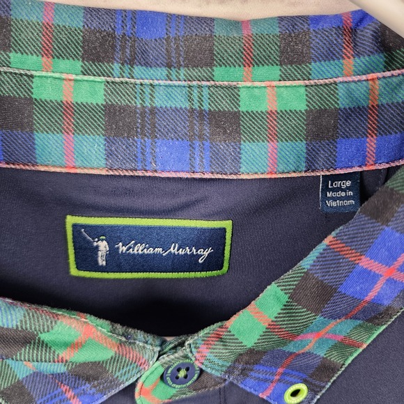 William Murray Golf Polo Mens Large Navy Stretch Plaid Trim Performance Shirt - Picture 3 of 8